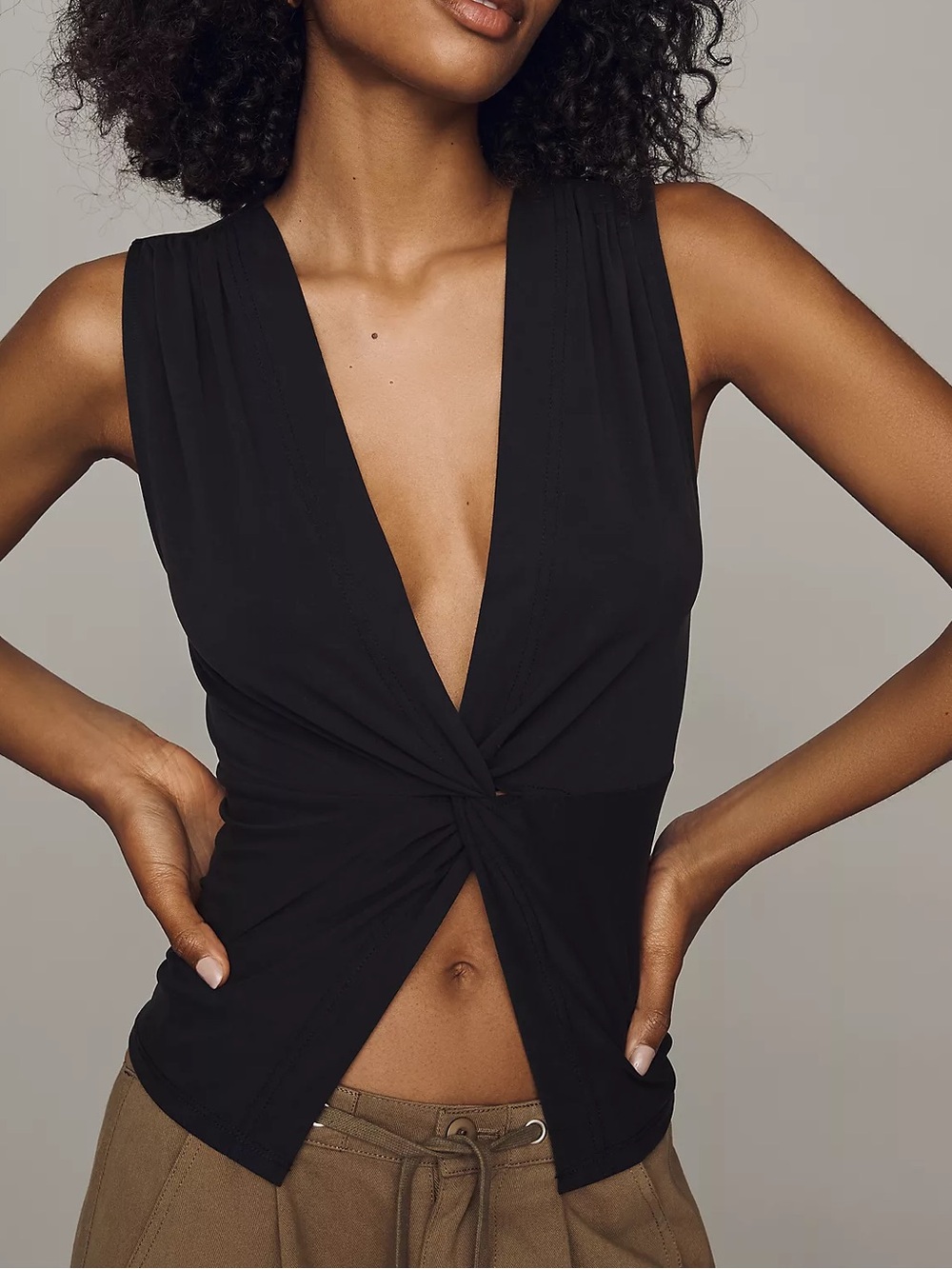 Anthropologie Black Twist-Front V-Neck Sleeveless Top